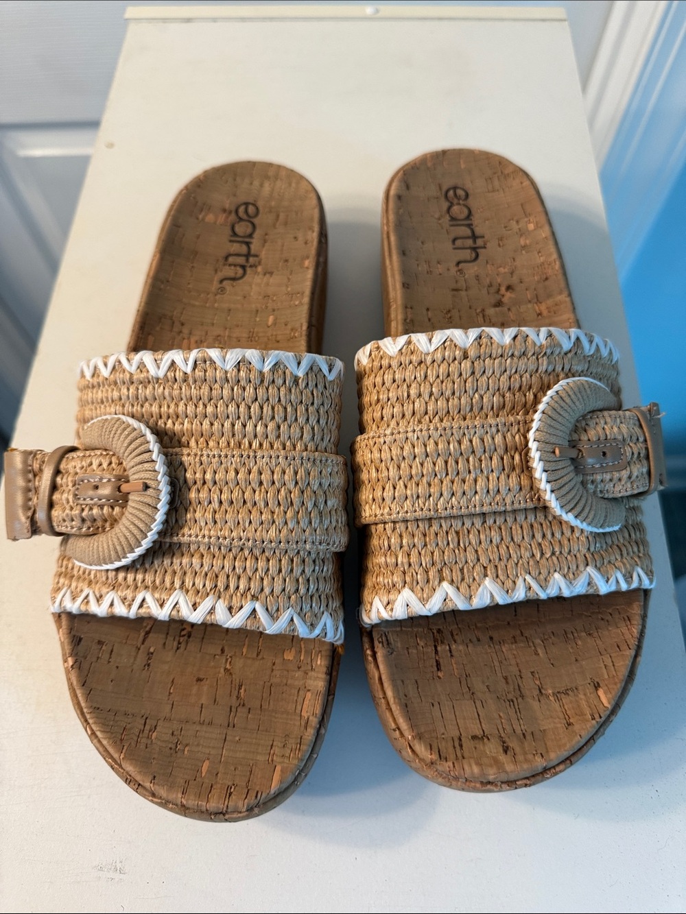 Earth Tan Woven Slide Sandals with White Trim